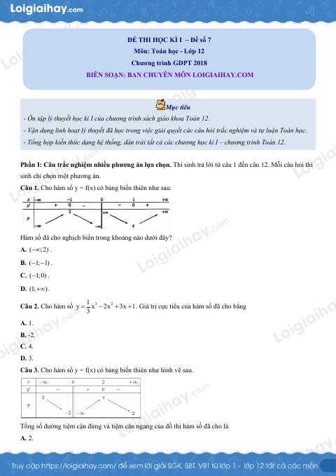 Đề thi học kì 1 Toán 12 - Đề số 7